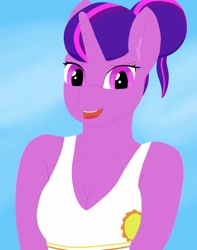 Size: 1825x2315 | Tagged: safe, artist:krumpcakes, imported from derpibooru, twilight sparkle, anthro, plantigrade anthro, alternate hairstyle, bra, breasts, cleavage, clothes, sports bra