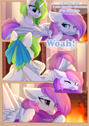 Size: 800x1132 | Tagged: safe, artist:alphadesu, imported from derpibooru, oc, oc only, oc:minty root, oc:snow kicker, pegasus, pony, unicorn, comic:sisterly love, amputee, bow, chest fluff, comic, ear fluff, female, fire, fireplace, floppy ears, hair bow, hooves, horn, lying down, mare, massage, moaning, one eye closed, pillow, prone, sigh, sitting, smiling, spread wings, wings