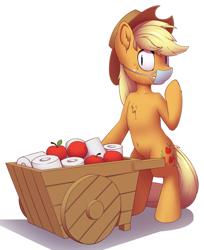 Size: 1635x2000 | Tagged: source needed, safe, artist:senaelik, imported from derpibooru, applejack, earth pony, pony, apple, belly button, bipedal, cart, coronavirus, covid-19, female, food, mare, mask, ppe, simple background, solo, surgical mask, sweatdrop, toilet paper, wide eyes