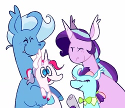 Size: 1024x885 | Tagged: safe, artist:babypaste, artist:goatpaste, imported from derpibooru, starlight glimmer, trixie, oc, alternate universe, curved horn, family, female, horn, lesbian, magical lesbian spawn, offspring, parent:starlight glimmer, parent:trixie, parents:startrix, shipping, simple background, snaggletooth, startrix, white background