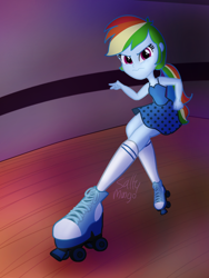 Size: 1500x2000 | Tagged: safe, artist:saltymango, imported from derpibooru, rainbow dash, equestria girls, alternate clothes, alternate hairstyle, annoyed, converse, female, looking at you, roller skates, shoes, solo