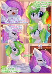 Size: 800x1132 | Tagged: safe, artist:alphadesu, imported from derpibooru, oc, oc only, oc:minty root, oc:snow kicker, pegasus, pony, unicorn, comic:sisterly love, amputee, bow, chest fluff, comic, ear fluff, eyes closed, female, floppy ears, hair bow, hooves, horn, lying down, mare, massage, one eye closed, open mouth, pillow, prone, ringing, sitting, slap, slapping, smiling, spanking, spread wings, wings