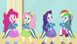 Size: 1280x738 | Tagged: safe, imported from derpibooru, screencap, fluttershy, pinkie pie, rainbow dash, rarity, equestria girls, equestria girls (movie), cafeteria, clothes, equestria girls movie, facing each other, fake ears, fake tail, female, helping twilight win the crown, sweater, wondercolt ears