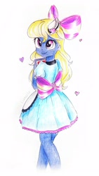 Size: 2118x3765 | Tagged: safe, artist:liaaqila, imported from derpibooru, oc, oc:azure/sapphire, coinky-dink world, eqg summertime shorts, equestria girls, apron, bow, clothes, clothes swap, crossdressing, dress, equestria girls-ified, femboy, hat, maid, male, skirt, sockhop, traditional art, trap, uniform, waitress