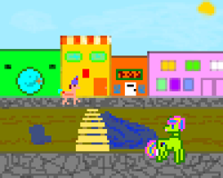 Size: 400x320 | Tagged: safe, artist:kujivunia, edit, imported from derpibooru, pony, bridge, pavement, pixel art, puddle, puddles, sun, town