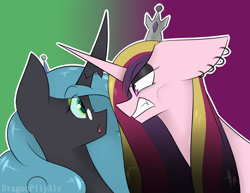 Size: 2170x1675 | Tagged: safe, artist:dragonpilyale, idw, imported from derpibooru, princess cadance, queen chrysalis, alicorn, changeling, changeling queen, reflections, spoiler:comic, crossed horns, crossing horns, duo, ear piercing, earring, evil cadance, eyeshadow, female, floppy ears, horn, intimidating, jewelry, looking at each other, looking at someone, makeup, mirror universe, piercing, reversalis, role reversal, scowl, signature