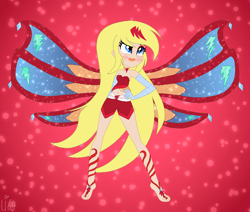 Size: 820x695 | Tagged: safe, artist:cookiechans2, artist:lumi-infinite64, artist:rainbow15s, imported from derpibooru, fairy, human, equestria girls, bare shoulders, barefoot, barely eqg related, base used, cartoon network, clothes, colored wings, crossover, enchantix, equestria girls style, equestria girls-ified, eyeshadow, fairies are magic, fairy wings, fairyized, feet, female, gloves, gradient wings, johnny test, lipstick, long gloves, long hair, makeup, rainbow s.r.l, sissy, solo, sparkly wings, strapless, wings, winx, winx club, winxified