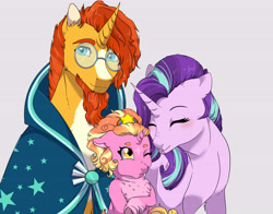 Size: 8280x6480 | Tagged: safe, artist:gamblingfoxinahat, imported from derpibooru, luster dawn, starlight glimmer, sunburst, pony, unicorn, blaze (coat marking), blushing, chest fluff, cloak, clothes, coat markings, eyes closed, facial markings, family, father and child, father and daughter, female, filly, filly luster dawn, glasses, headcanon, luster dawn is starlight's and sunburst's daughter, male, mama starlight, mare, mother and child, mother and daughter, offspring, one eye closed, papa sunburst, parent:starlight glimmer, parent:sunburst, parents and child, parents:starburst, robe, shipping, simple background, stallion, star (coat marking), starburst, story in the source, straight, sunburst's cloak, sunburst's glasses, tl;dr, unshorn fetlocks, white background