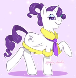 Size: 784x808 | Tagged: safe, alternate version, artist:pinkyydoodles, imported from derpibooru, rarity, pony, unicorn, bathrobe, clothes, colored pupils, eyeshadow, female, makeup, mare, profile, purple background, raised hoof, robe, simple background, smiling, solo, spa robe