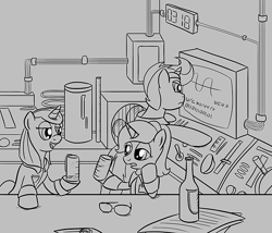 Size: 700x600 | Tagged: safe, artist:sirvalter, imported from derpibooru, oc, oc only, oc:professor beaker, oc:scoperage, oc:weatherglass, pony, unicorn, fanfic:steyblridge chronicle, black and white, bottle, clothes, fanfic, fanfic art, female, glasses, grayscale, hooves, horn, illustration, lab coat, laboratory, male, mare, monochrome, open mouth, research institute, scientist, smiling, stallion