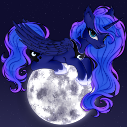 Size: 1500x1500 | Tagged: safe, artist:mite-lime, imported from derpibooru, princess luna, alicorn, pony, cute, ear fluff, female, full moon, lidded eyes, looking at you, lunabetes, macro, mare, moon, night, pony bigger than a planet, prone, sky, solo, starry night, stars, tangible heavenly object