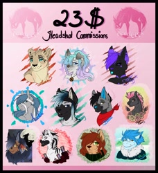 Size: 3739x4095 | Tagged: safe, artist:theblackcatstale, imported from derpibooru, oc, oc only, anthro, dog, earth pony, pegasus, pony, zebra, :p, abstract background, advertisement, anthro with ponies, bust, commission info, earth pony oc, female, floating wings, floral head wreath, flower, furry, hair over one eye, male, neckerchief, pegasus oc, stallion, tongue out, wings, zebra oc