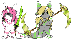 Size: 2133x1191 | Tagged: safe, artist:theblackcatstale, imported from derpibooru, oc, oc only, anthro, original species, unguligrade anthro, breasts, chibi, clothes, duo, featureless breasts, featureless crotch, female, fingerless gloves, gloves, horn, scythe, simple background, sword, transparent background, visor, weapon, wings