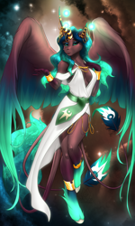 Size: 2850x4750 | Tagged: safe, artist:mykegreywolf, imported from derpibooru, oc, oc only, oc:solstice (astralmelodia), alicorn, anthro, unguligrade anthro, absolute cleavage, alicorn oc, anthro oc, breasts, cleavage, clothes, commission, female, high res, horn, looking at you, mare, reasonably sized breasts, solo, unshorn fetlocks