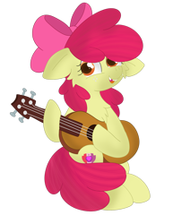 Size: 1024x1326 | Tagged: safe, artist:skyflys, imported from derpibooru, apple bloom, earth pony, pony, adorabloom, bow, cheek fluff, chest fluff, chipped tooth, cute, female, filly, guitar, musical instrument, simple background, solo, transparent background