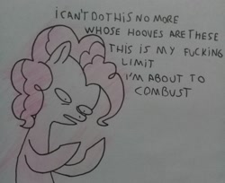 Size: 2448x1999 | Tagged: safe, artist:public mistake, imported from derpibooru, pinkie pie, earth pony, pony, dialogue, female, funny, mare, solo, traditional art, vulgar