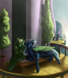Size: 1000x1143 | Tagged: safe, artist:pinefool, imported from derpibooru, trixie, twilight sparkle, oc, oc:mark wells, alicorn, pony, unicorn, fanfic:off the mark, balcony, canon x oc, crepuscular rays, cuddling, fanfic art, female, hug, male, mare, markxie, oc x oc, pregnant, shipping, smiling, stallion, straight, twilight sparkle (alicorn), underhoof, unshorn fetlocks, winghug