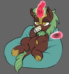 Size: 892x954 | Tagged: safe, artist:lockheart, imported from derpibooru, cinder glow, summer flare, kirin, alcohol, beer, cloven hooves, drinking, featureless crotch, female, glowing horn, gray background, horn, kirin beer, lidded eyes, lying down, magic, remote control, request, simple background, solo, telekinesis