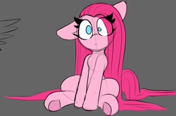 Size: 1450x955 | Tagged: safe, artist:lockheart, imported from derpibooru, pinkamena diane pie, pinkie pie, earth pony, pony, eye clipping through hair, female, floppy ears, gray background, mare, request, shrunken pupils, simple background, sitting, solo, underhoof