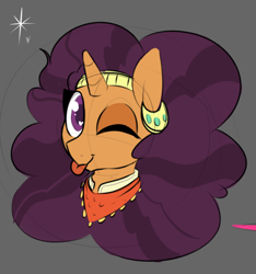 Size: 708x755 | Tagged: safe, artist:lockheart, imported from derpibooru, saffron masala, pony, unicorn, bust, cute, female, gray background, heart eyes, looking at you, mare, mlem, one eye closed, portrait, request, saffronbetes, silly, simple background, smiling, solo, tongue out, wingding eyes
