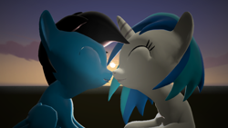 Size: 3840x2160 | Tagged: safe, artist:agkandphotomaker2000, imported from derpibooru, dj pon-3, vinyl scratch, oc, oc:pony video maker, pegasus, pony, unicorn, 3d, boop, canon x oc, noseboop, ocean, source filmmaker, sun light, sunset, videoscratch