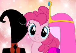 Size: 986x686 | Tagged: safe, artist:nathaniel718, edit, imported from derpibooru, pinkie pie, earth pony, pony, cheek kiss, crossover, eyes closed, female, kiss on the cheek, kiss sandwich, kissing, male, nergal, nergal and princess bubblegum, princess bubblegum