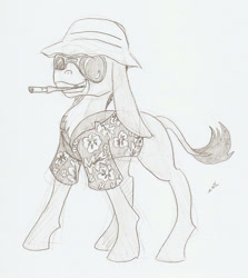Size: 948x1064 | Tagged: safe, artist:ravenpuff, imported from derpibooru, donkey, cigar, clothes, donkey oc, fear and loathing in las vegas, grayscale, hat, lineart, monochrome, raoul duke, solo, sunglasses, traditional art