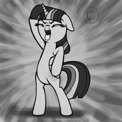 Size: 800x800 | Tagged: safe, artist:nimaru, imported from derpibooru, twilight sparkle, alicorn, pony, bipedal, female, floppy ears, monochrome, solo, tongue out, twilight sparkle (alicorn)