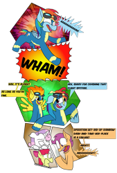 Size: 1083x1599 | Tagged: safe, artist:sneshneeorfa, imported from derpibooru, apple bloom, applejack, rainbow dash, scootaloo, spitfire, sweetie belle, earth pony, pegasus, unicorn, attempted murder, clothes, comic, cutie mark crusaders, goggles, goggles on head, simple background, transparent background, uniform, wonderbolts uniform