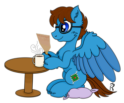 Size: 1920x1600 | Tagged: safe, artist:dawn-designs-art, imported from derpibooru, oc, oc only, oc:nimbus, pegasus, pony, blue coat, blue eyes, brown mane, coffee, coffee mug, cushion, glasses, male, mug, news, simple background, sitting, solo, stallion, table, transparent background