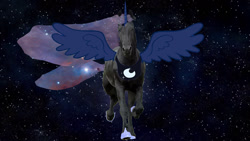 Size: 1280x720 | Tagged: safe, imported from derpibooru, princess luna, alicorn, horse, 1000 years in photoshop, chest plate, crescent moon, ethereal mane, hoof shoes, irl, irl horse, moon, nebula, photo, photoshop, space, starry mane, starry tail, wings