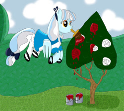 Size: 1200x1077 | Tagged: safe, artist:phasingirl, imported from derpibooru, pegasus, pony, alice, alice in wonderland, bow, clothes, dress, flower, mouth hold, paint, paintbrush, ponified, ribbon, rose, shoes, socks, solo, tail bow, tree