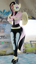 Size: 2430x4320 | Tagged: safe, artist:jdash, imported from derpibooru, fluttershy, anthro, 3d, blender, choker, chokershy, clothes, crossed arms, crossed legs, emoshy, female, jacket, leather jacket, looking at you, makeup, nail polish, nexgen, pants, shoes, solo, standing