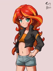 Size: 1536x2048 | Tagged: safe, artist:tinybenz, imported from derpibooru, sunset shimmer, human, equestria girls, belly button, clothes, cute, delicious flat chest, denim shorts, female, hand on hip, jacket, looking at you, midriff, sexy, shimmerbetes, shorts, signature, simple background, solo, sunflat shimmer, teenager, thighs, tomboy, tube top