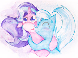 Size: 4032x3024 | Tagged: safe, artist:papersurgery, imported from derpibooru, starlight glimmer, trixie, pony, unicorn, blushing, female, happy, hug, lesbian, looking up, raised tail, shipping, smiling, startrix, tail, traditional art, watercolor painting