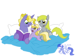 Size: 900x675 | Tagged: safe, artist:cosmic-rust, imported from derpibooru, derpy hooves, dinky hooves, ponet, pegasus, pony, unicorn, bed, book, father and child, father and daughter, female, filly, male, mare, mother and child, mother and daughter, ponetderp, shipping, simple background, stallion, straight, transparent background