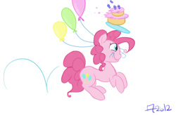 Size: 1366x896 | Tagged: safe, artist:cosmic-rust, imported from derpibooru, pinkie pie, 2012, balloon, cake, food, pronking, simple background