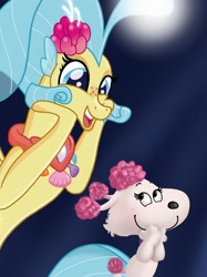 Size: 2048x2732 | Tagged: safe, artist:justsomepainter11, imported from derpibooru, princess skystar, dog, poodle, seapony (g4), my little pony: the movie, cute, fifi (peanuts), kristin chenoweth, looking at each other, movie accurate, peanuts, show accurate, skyabetes, smiling, the peanuts movie, voice actor joke