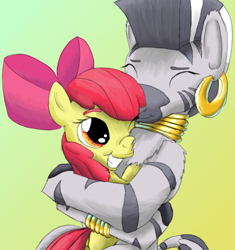 Size: 1491x1584 | Tagged: safe, artist:firefanatic, imported from derpibooru, apple bloom, zecora, earth pony, zebra, affection, big grin, chest fluff, female, filly, fluffy, friendshipping, grin, hug, hugging a pony, platonic, platonic kiss, smiling