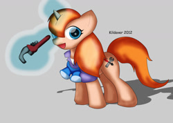 Size: 1280x909 | Tagged: safe, artist:kildaver, imported from derpibooru, pony, unicorn, 2012, artifact, chip and dale rescue rangers, clothes, female, gadget hackwrench, glowing horn, goggles, horn, levitation, magic, magic aura, mare, ponified, solo, telekinesis