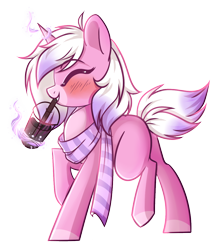 Size: 1012x1162 | Tagged: safe, artist:cloud-fly, imported from derpibooru, oc, oc only, pony, unicorn, blushing, clothes, coffee, eyes closed, female, magic, mare, scarf, simple background, solo, telekinesis, transparent background