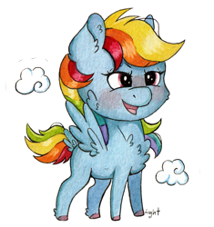 Size: 1240x1317 | Tagged: safe, artist:lightisanasshole, imported from derpibooru, rainbow dash, pegasus, pony, blushing, blushing profusely, cheek fluff, chest fluff, chibi, cloud, colored hooves, determined, ear fluff, female, hoof fluff, open mouth, solo, sticker, tail feathers, traditional art, watercolor painting