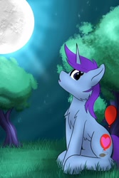 Size: 453x680 | Tagged: safe, artist:noxi1_48, imported from derpibooru, oc, oc only, oc:mobian, pony, unicorn, balloon, chest fluff, looking at you, male, moon, night, sitting, solo, stallion