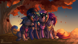 Size: 3840x2160 | Tagged: safe, artist:jedayskayvoker, imported from derpibooru, oc, oc only, oc:asteroid trail, oc:caiya, oc:ender, oc:star universe, griffon, pegasus, pony, astender, autumn, bandana, beanie, clothes, ender's herd, eyes closed, female, griffon oc, hat, high res, hug, jewelry, looking at each other, male, mare, necklace, pegasus oc, polyamory, scarf, scenery, sitting, smiling, stallion, stender, sunset, tree, winghug, wings