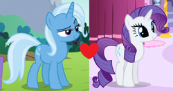 Size: 1330x702 | Tagged: safe, edit, edited screencap, imported from derpibooru, screencap, rarity, trixie, a dog and pony show, no second prances, cropped, female, lesbian, rarixie, shipping, shipping domino