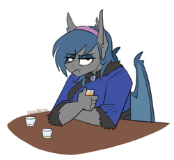 Size: 1057x974 | Tagged: safe, artist:redxbacon, imported from derpibooru, oc, oc only, oc:river rhythm, anthro, bat pony, alcohol, annoyed, clothes, dressing gown, exhausted, female, glass, hairband, kimono (clothing), looking at you, robe, shot glass, solo, tired