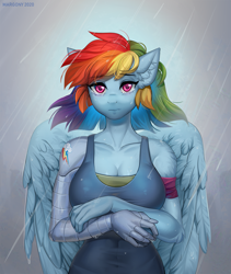 Size: 1095x1300 | Tagged: safe, artist:margony, imported from derpibooru, rainbow dash, anthro, pegasus, the cutie re-mark, alternate timeline, amputee, apocalypse dash, breasts, busty rainbow dash, crystal war timeline, cutie mark, female, looking at you, prosthetic arm, prosthetic limb, prosthetics, rain, sad, solo, speedpaint available