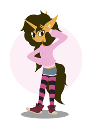 Size: 3120x4160 | Tagged: safe, artist:pam-sparky, imported from derpibooru, oc, anthro, unicorn, anthro oc, clothes, converse, curly hair, hoodie, horn, lineless, lineless art, peace sign, shoes, shorts, socks, sports, striped socks, tennis, unicorn oc