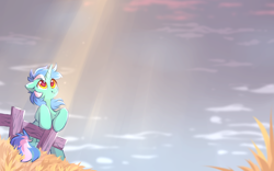 Size: 1600x1000 | Tagged: safe, artist:mirtash, imported from derpibooru, lyra heartstrings, pony, unicorn, crepuscular rays, cute, female, fence, leaning, looking up, lyrabetes, mare, outdoors, smiling, solo, standing, sunlight, three quarter view