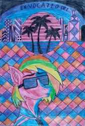 Size: 1957x2873 | Tagged: safe, artist:keshakadens, imported from derpibooru, oc, oc only, pony, floppy ears, miami, palm tree, solo, sunglasses, tree